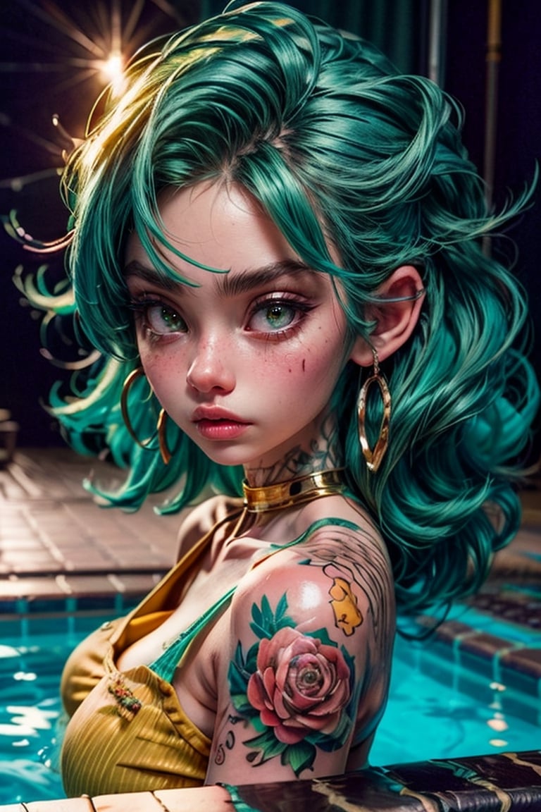 tattoo girl in the pool,green hair , in the style of high dynamic range, kawaii art, light orange and light bronze, animated illustrations, daz3d, exotic realism, tattoo-inspired, vibrant manga, close-up intensity, japanese-inspired