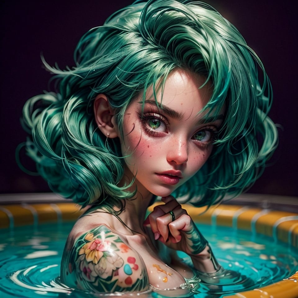 tattoo girl in the pool,green hair , in the style of high dynamic range, kawaii art, light orange and light bronze, animated illustrations, daz3d, exotic realism, tattoo-inspired, vibrant manga, close-up intensity, japanese-inspired