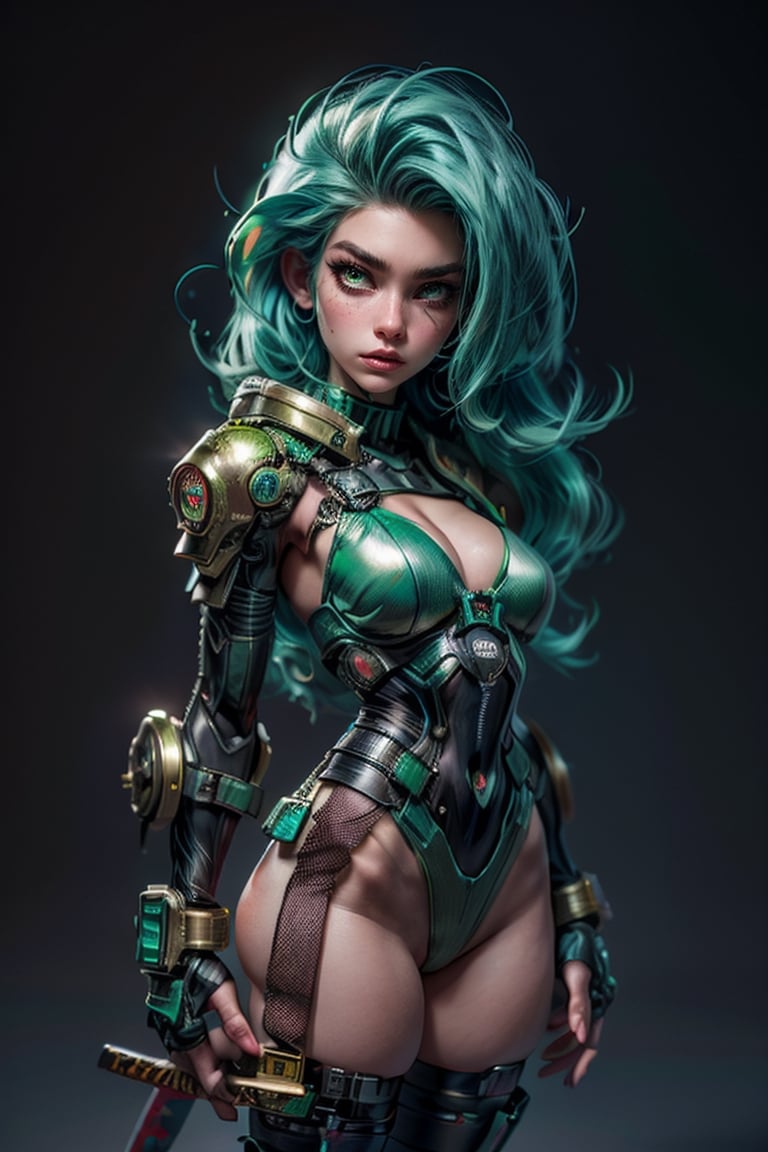 A cyberpunk green hair woman ninja with metallic arms and a fire katana