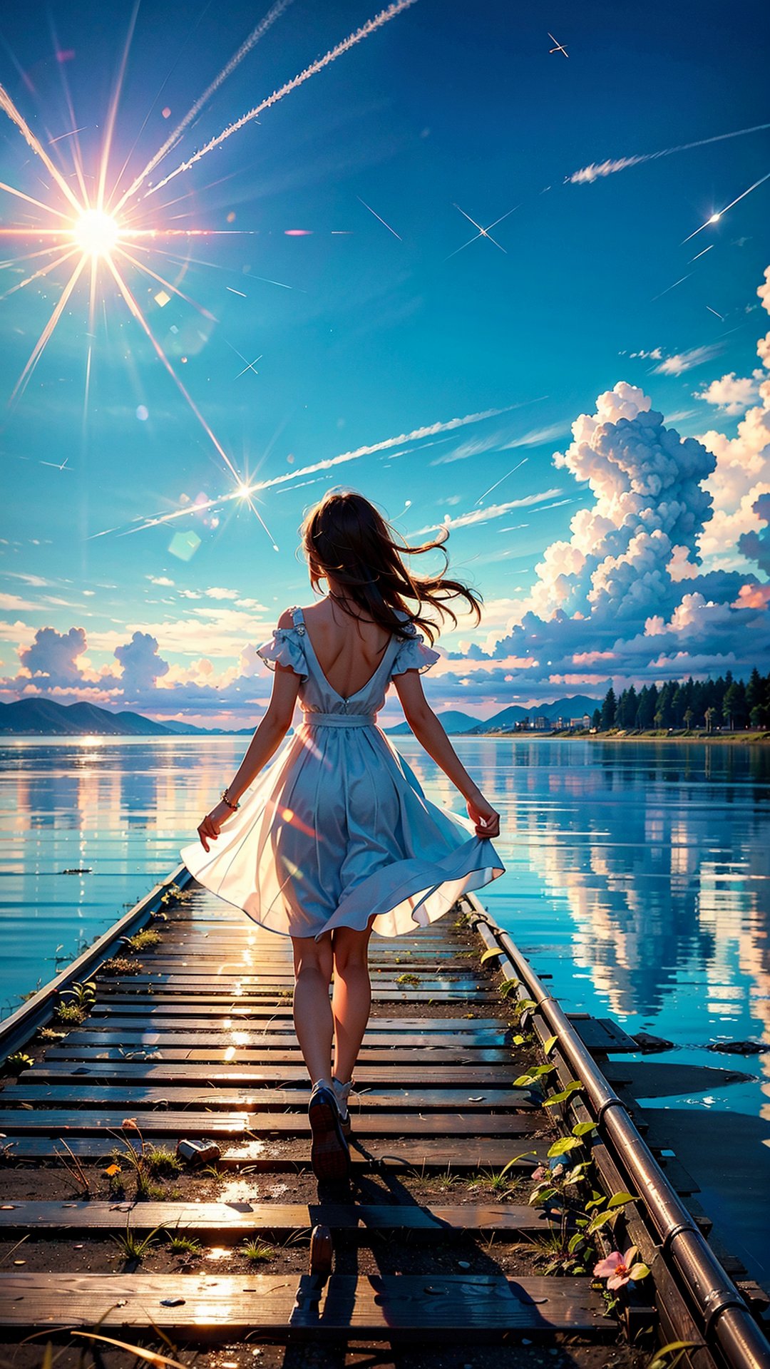 (masterpiece:1.2, best quality:1.2), (ultra detailed), (realistic), beautiful, high quality, highres:1.1, aesthetic), a girl walking on a ((railroad track)), arms open and smiling, The railroad track is on the water, with the  horizon in the distance, There is no land, The sky is reflected water's surface, She wearing a white summer dress, white thunderclouds floating deep blue sky, lens flare, ray tracing, photo quality, high contrast summer scene,	 SILHOUETTE LIGHT PARTICLES