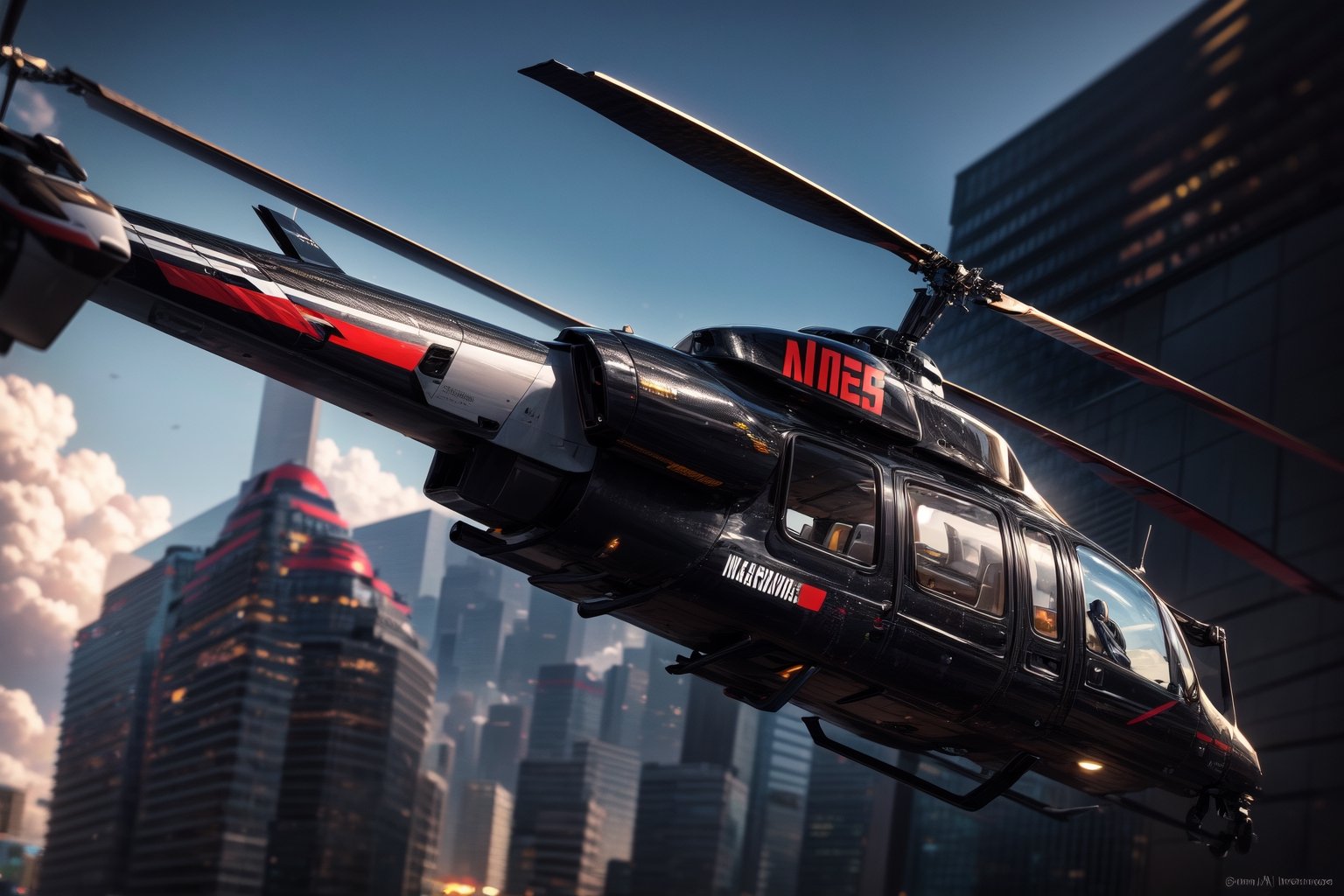 "Create bold helicopter designs, blending innovative aesthetics with aerodynamic efficiency. Imagine inspiring backgrounds, such as modern urban landscapes or wild exotic environments, to fuel your creativity."