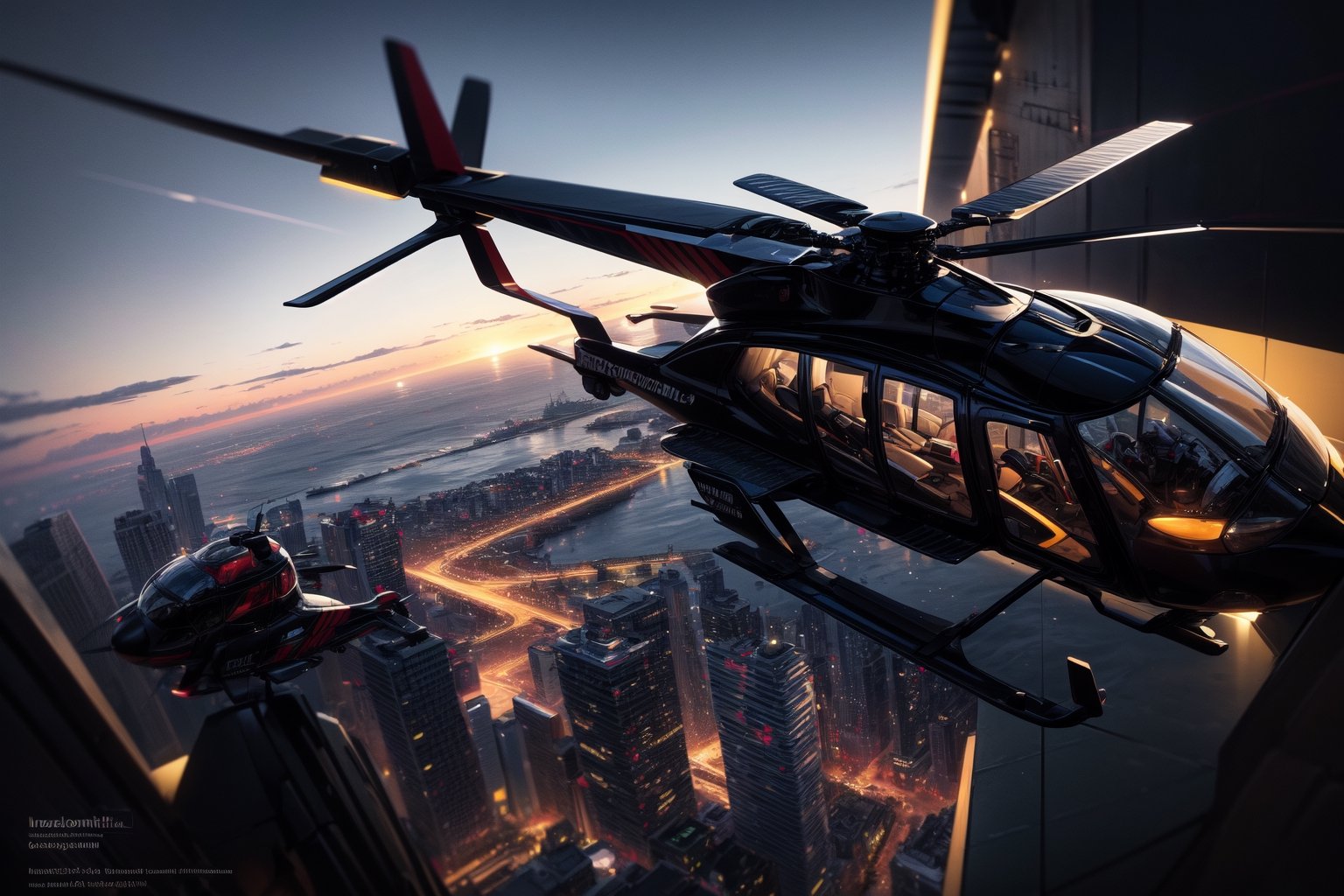 "Create bold helicopter designs, blending innovative aesthetics with aerodynamic efficiency. Imagine inspiring backgrounds, such as modern urban landscapes or wild exotic environments, to fuel your creativity."