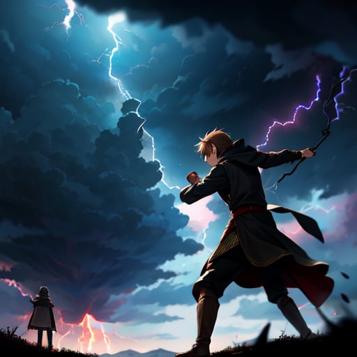 Kid, wizard, 1boy, little boy, (((throwing lightning))), medieval clothes, archimade dress:1.8, lightnings clouds, ((angry look)), dark background,