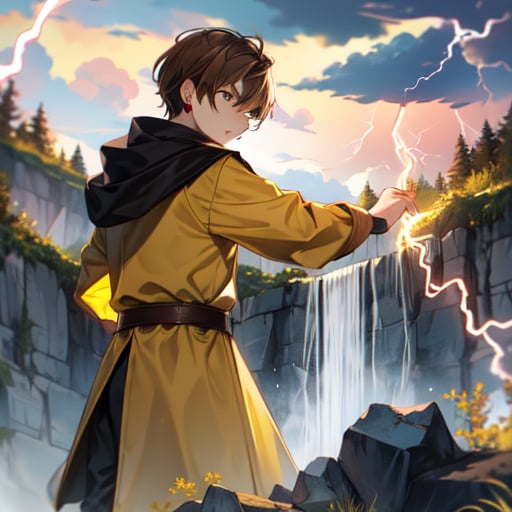 Kid, wizard, 1boy, little boy, (((throwing lightning))), medieval clothes, archimade dress:1.8, lightnings clouds, ((angry look)), dark background, launching spell, magic, (air floating rocks:1.1), (((yellow lightning aura))), 

((dark clouds sky:1.2, waterfall background:1.3)), sunny day, ((natural light:1.2)) back view, ((3/4 body)), (looking at viewer), (((brown hair))),