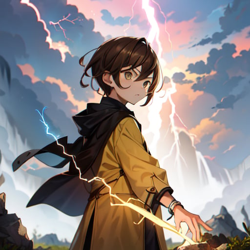 Kid, wizard, 1boy, little boy, (((throwing lightning))), medieval clothes, archimade dress:1.8, lightnings clouds, ((angry look)), dark background, launching spell, magic, (air floating rocks:1.1), (((yellow lightning aura))), 

((dark clouds sky:1.2, waterfall background:1.3)), sunny day, ((natural light:1.2)) back view, ((3/4 body)), (looking at viewer), (((brown hair))),