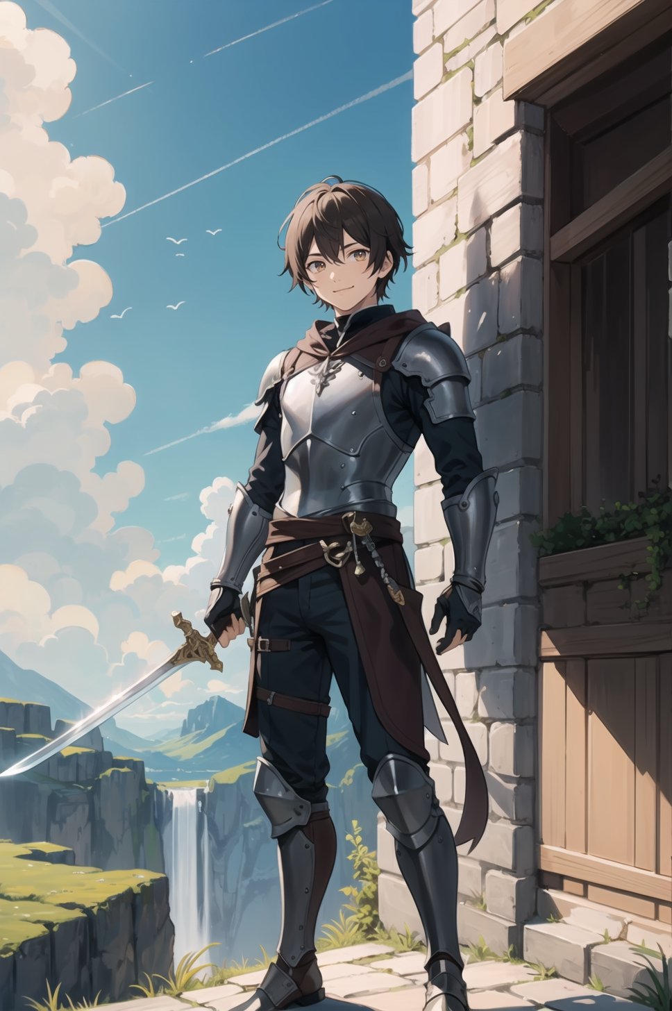 masterpiece, best quality,Looking at viewer, solo, male, 1boy,outdoors,((15 age)), full_body, light ray, smile, Roppuru,brown hair,golden eyes, 武俠, big sword hold by right hand,armor,final fantasy,sky,blue and sliver clothing,sky hair style