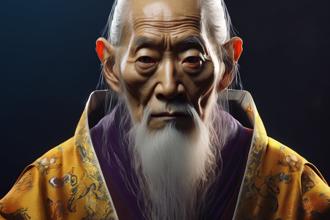 Pai Mei as an old monk looking forward intimidating gaze, wise and intimidating gaze, realistic style, UHD, render, octan render, 8K, vivid colors, neon colors, studio lights, cinematic lights, metal patterns, darker background, intricate, sci-fi, hyper realistic, texture 3d, darker, 