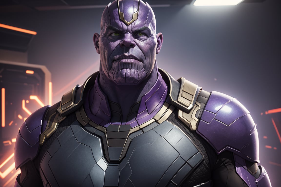 Thanos, staring straight ahead with aggressive, furious gaze, intimidating smile, clenched fist, realistic style, UHD, render, octan render, 8K, vivid colors, neon colors, studio lights, cinematic lights, metal patterns, darker background, intricate, sci-fi, hyper realistic, texture 3d, darker, 