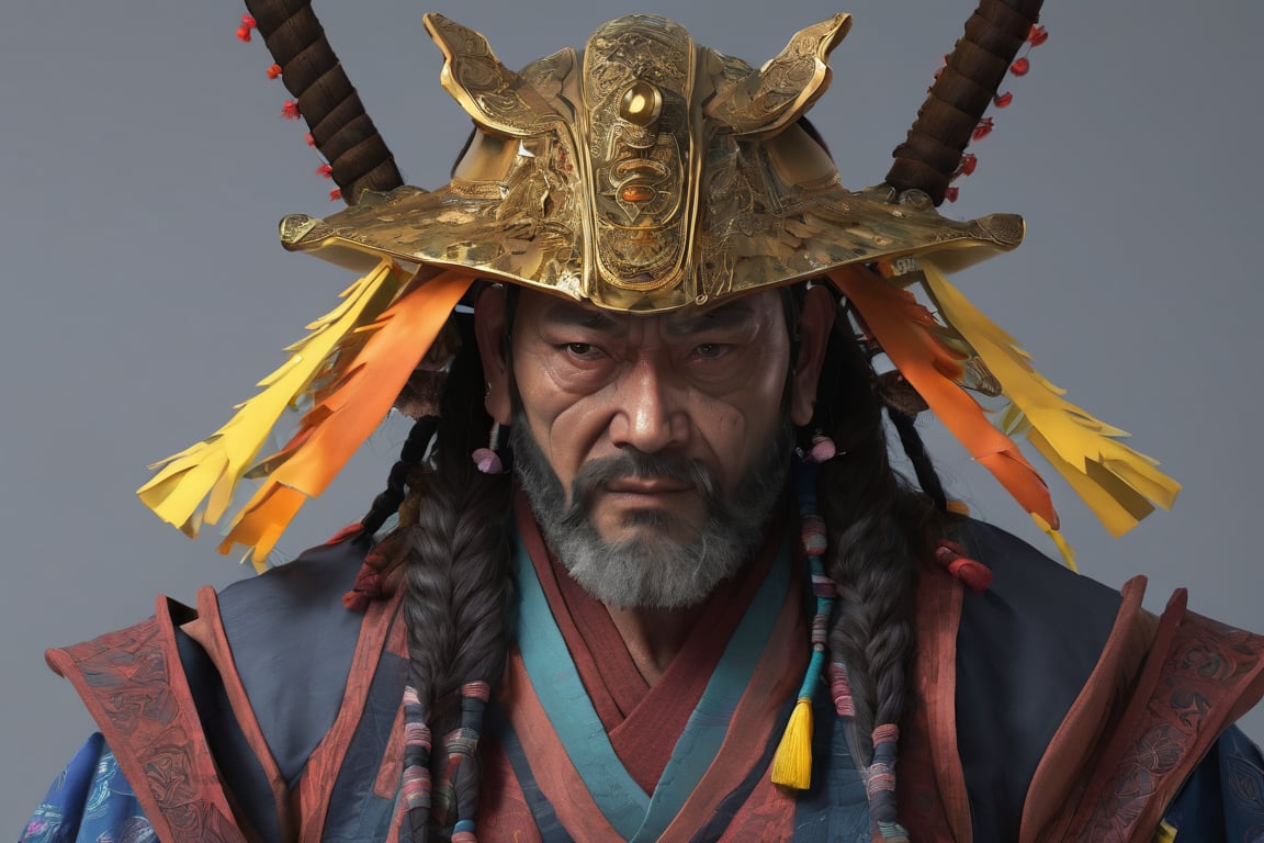 Velho Samurai, barba e cabelo grisalho, olhando para a frente olhar intimidador, Olhar sábio e intimidador, UHD, emprestar, Renderização Octane, 8k, cores vívidas, cores neon, luzes do estúdio, luzes cinematográficas, padrões metálicos, fundo mais escuro, intrincado, hiper realística, Textura 3D, Escuro,