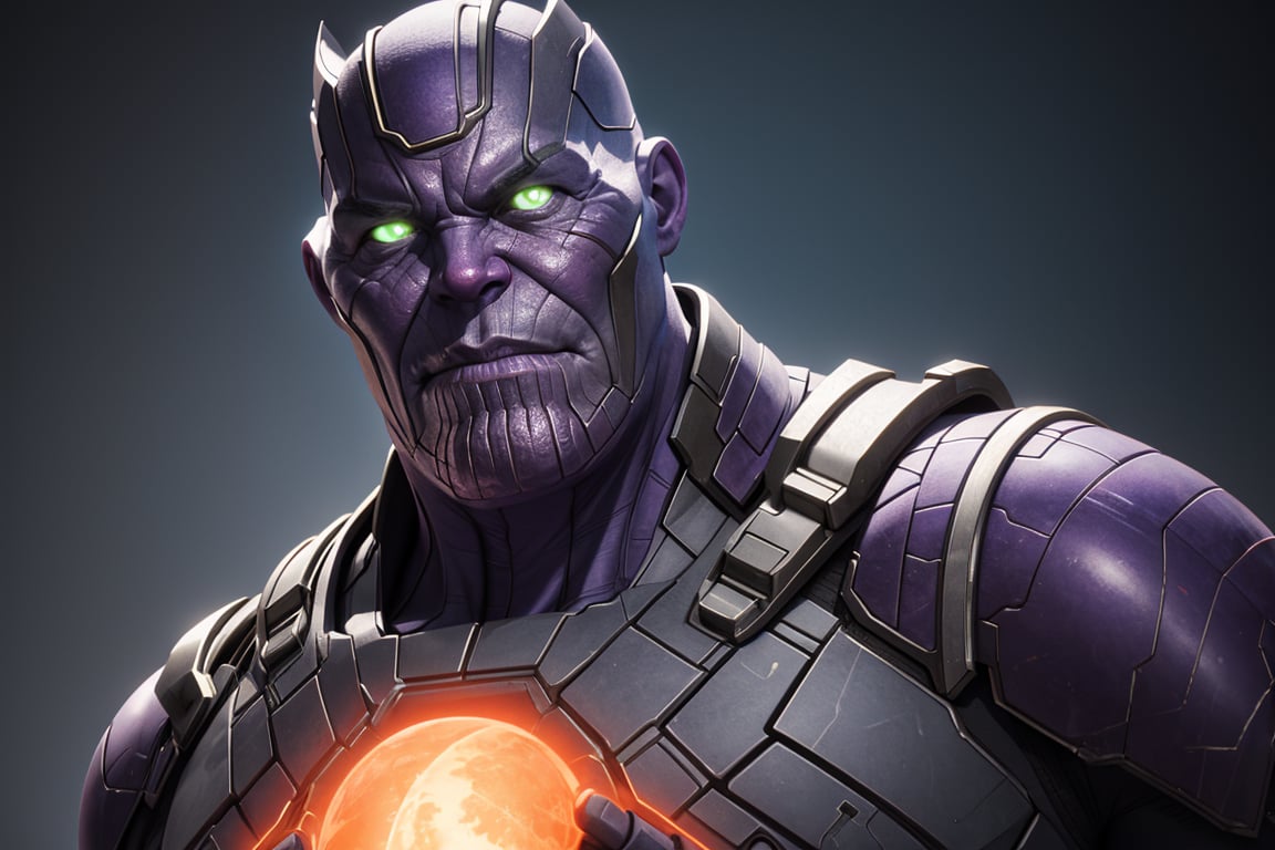 Thanos, staring straight ahead with aggressive, furious gaze, intimidating smile, clenched fist, realistic style, UHD, render, octan render, 8K, vivid colors, neon colors, studio lights, cinematic lights, metal patterns, darker background, intricate, sci-fi, hyper realistic, texture 3d, darker, 