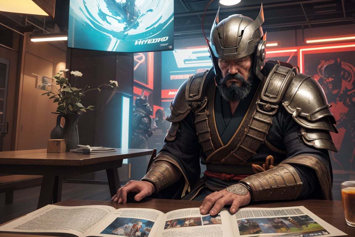 A samurai reading a comic book,  helmet above the table, long white beard, wise look, realistic style, UHD, render, octan render, 8K, vivid colors, neon colors, studio lights, cinematic lights, metal patterns, darker background, intricate, sci-fi, hyper realistic, texture 3d, darker, 