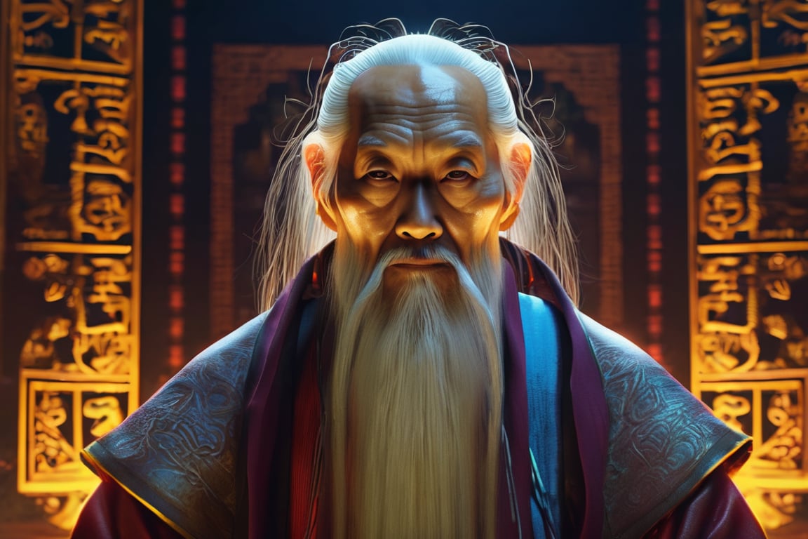 Pai Mei as an old monk looking forward intimidating gaze, wise and intimidating gaze, realistic style, UHD, render, octan render, 8K, vivid colors, neon colors, studio lights, cinematic lights, metal patterns, darker background, intricate, sci-fi, hyper realistic, texture 3d, darker, 