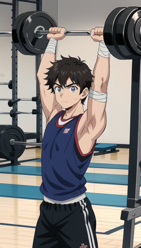 It generates the image of an anime boy in a gym lifting weights with a determined expression on his face. He is wearing a red tank top and black shorts. He has short dark hair, and his eyes are dark brown. The boy is standing in front of a set of training dumbbells with iron plates of different weights. His hands are wrapped in bandages and he is holding a barbell with both hands as he lifts the weight up with a concentrated effort. In the background, other gymnastics teams and other boys training in the background can be seen.