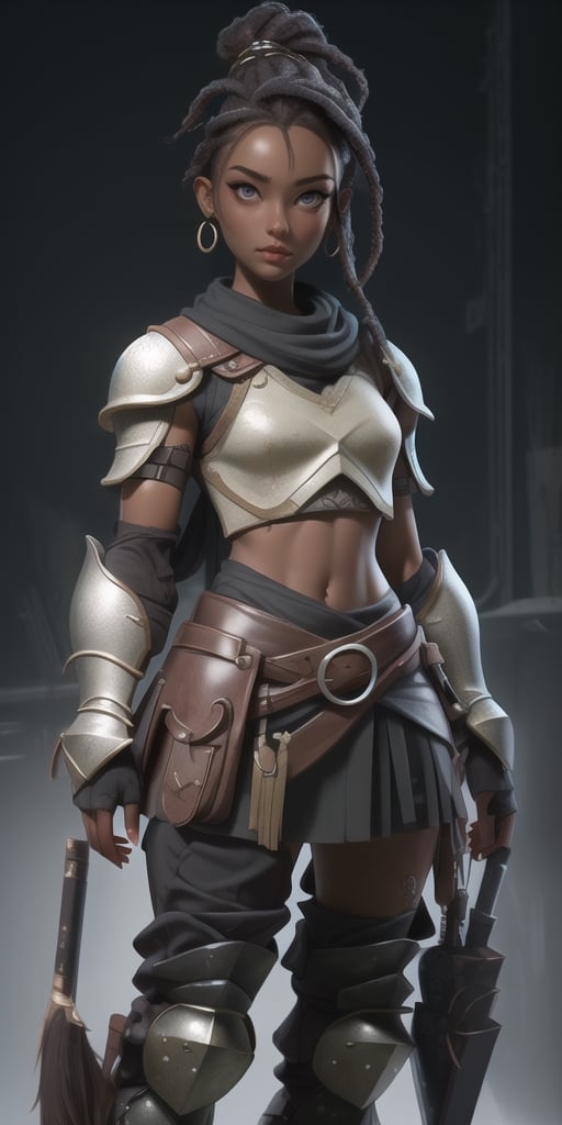 best quality, masterpiece, ultra detailed, symmetrical, proportional, 8k, (1 beautiful human female 25 years old, dovahkiin from TES skyrim game, dark skin, african, pretty face, slim body, detailed hands, thin body, waist, proportional body , small breasts), ((Very Sexy Armor, crop top Armor)),post-apocalypic_fashion