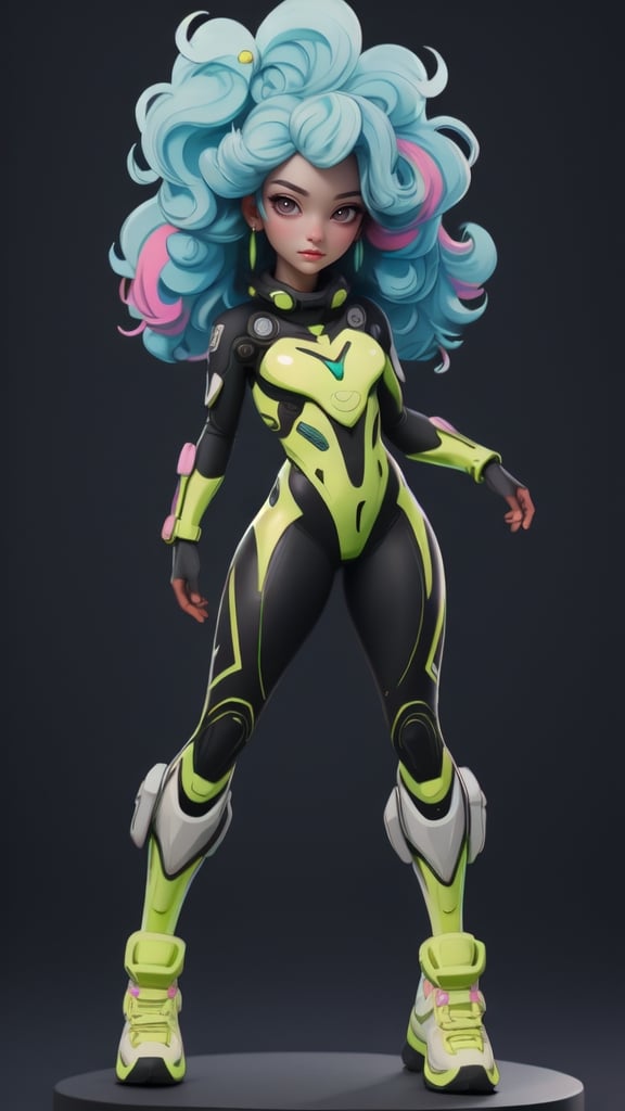 sfw, masterpiece, best quality, ultra-detailed, full body: 1.2, ((sfw loli black girl)), sfw sci-fi suit open in front, natural full body pose, clear smile, full body, multicolor hair , curled, curly, frizzy modern, Modern accessories, pastel tone background, colorful and simple