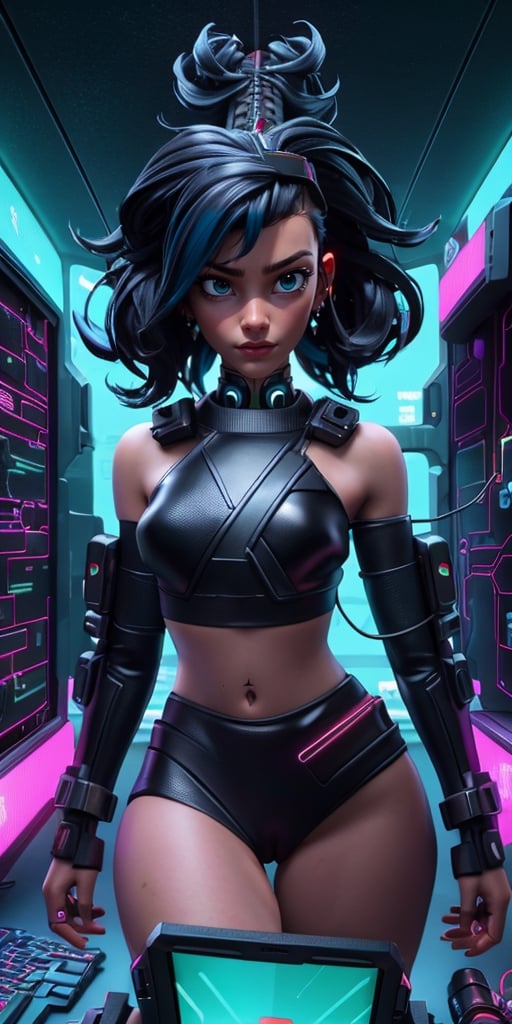 ((NSFW Cyberpunk, best quality, masterpiece, nsfw crop top)), (very detailed), 3d, Friendly, (((Cyberpunk, nsfw Hacker black girl, thick hair, African, crop top Sci-Fi))), operating spaceship, servers computer, LCD screens, fiber optic cables, holographic panels, HDR (high dynamic range), ray tracing, NVIDIA RTX, super resolution, ureal engine 5