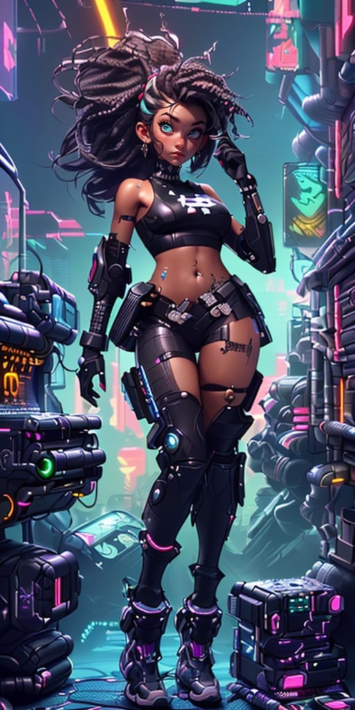 ((SFW Cyberpunk, best quality, masterpiece, crop top)), (very detailed), 3d, Friendly, (((Cyberpunk, sfw Hacker black girl, thick hair, African, crop top Sci-Fi))), operating spaceship, servers computer, LCD screens, fiber optic cables, holographic panels, HDR (high dynamic range), ray tracing, NVIDIA RTX, super resolution, ureal engine 5