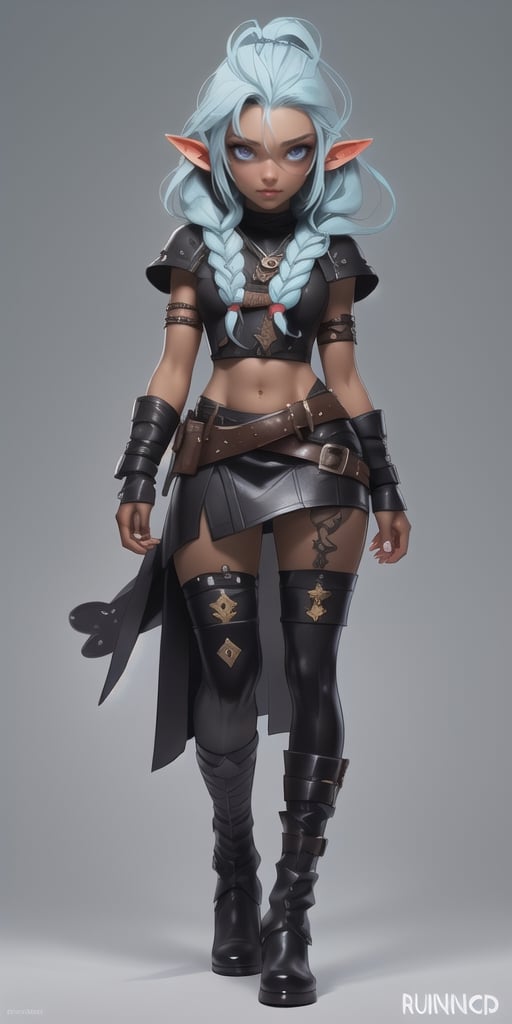 Avalon lins, hand-drawn, dark, gritty, realistic, mix of dark bold lines and loose lines, bold lines, on paper, twist character, ((sfw half-elf black-skinned female, full body, sfw crop top leather)), arcane symbols, runes, dark theme, ((light blue hair partially braided, black skin)), beautiful, pretty, padded leather clothing embroidered with runes, modest leather boots embroidered with runes, skirt with large opening frontal, beautiful black-skinned elf