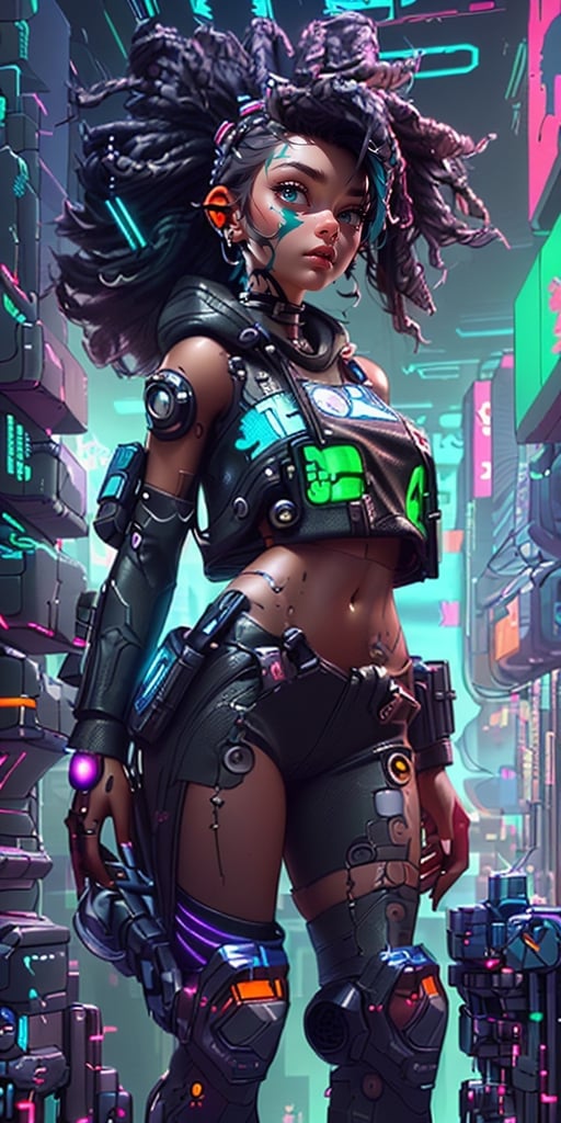 ((SFW Cyberpunk, best quality, masterpiece, crop top)), (very detailed), 3d, Friendly, (((Cyberpunk, sfw Hacker black girl, thick hair, African, crop top Sci-Fi))), operating spaceship, servers computer, LCD screens, fiber optic cables, holographic panels, HDR (high dynamic range), ray tracing, NVIDIA RTX, super resolution, ureal engine 5