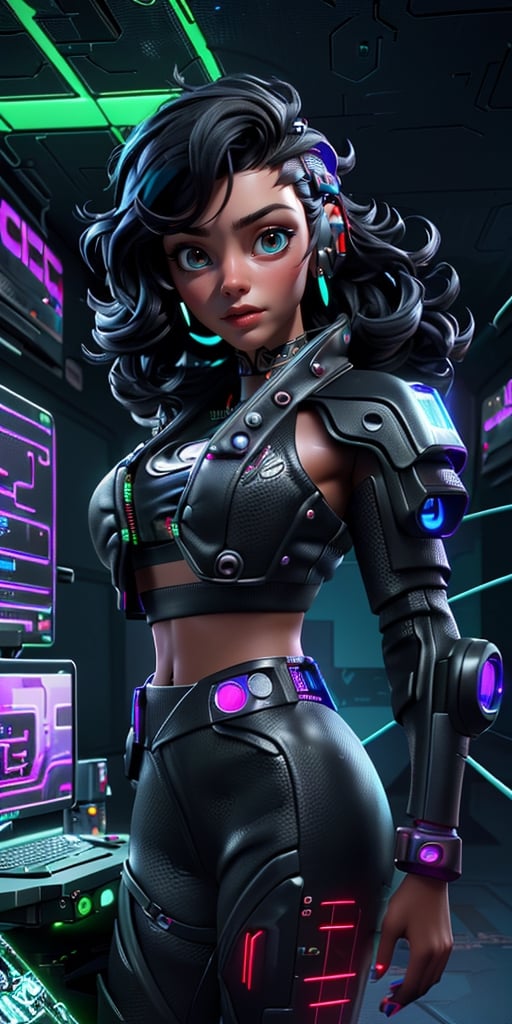 ((SFW Cyberpunk, best quality, masterpiece, crop top)), (very detailed), 3d, Friendly, (((Cyberpunk, sfw Hacker black girl, thick hair, African, crop top Sci-Fi))), operating spaceship, servers computer, LCD screens, fiber optic cables, holographic panels, HDR (high dynamic range), ray tracing, NVIDIA RTX, super resolution, ureal engine 5