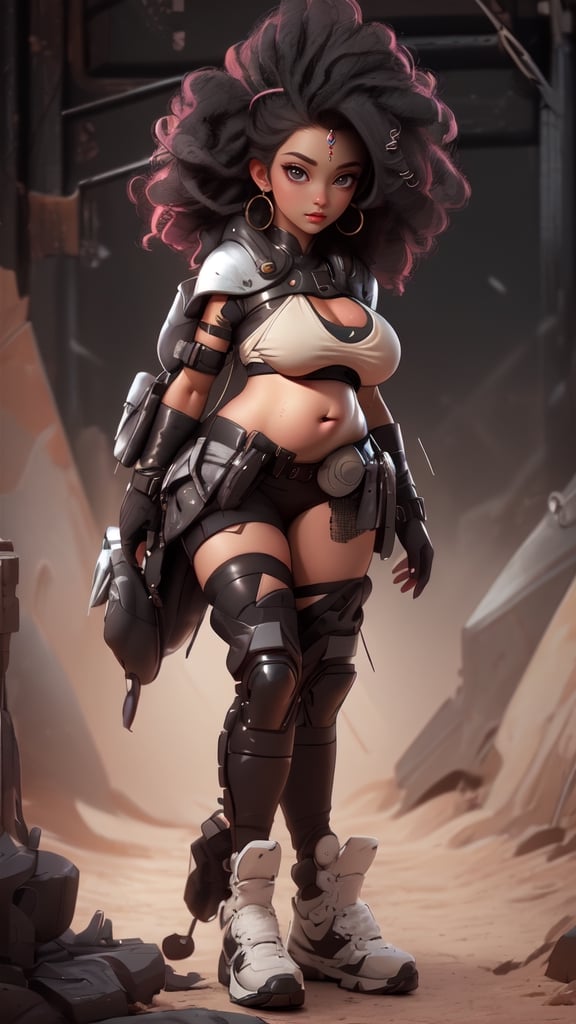 sexy, masterpiece, best quality, ultra-detailed, full body: 1.2, ((loli black sexy girl, showing belly, big boobs, zero belly, black skin)), crop sci-fi suit open in front (no clothes), full body action pose, slender body, clear smile, full body, multicolored, curly, frizzy, modern hair, modern accessories, pastel tone background, colorful and simple, 
two legs, post-apocalyptic fashion