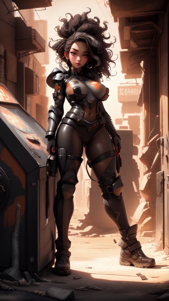 sexy, masterpiece, best quality, ultra-detailed, full body: 1.2, (((sexy black girl, very big big breasts, black skin, slim body, crop sci-fi armor open in front))), full body dynamic action pose, slim body, clear smile, full body, multicolored, curly, frizzy, modern hair, modern accessories, pastel tone background, colorful and simple, 
two legs, post-apocalyptic fashion,post-apocalyptic_play_zone,BDNC,Nature,post-apocalypic_fashion