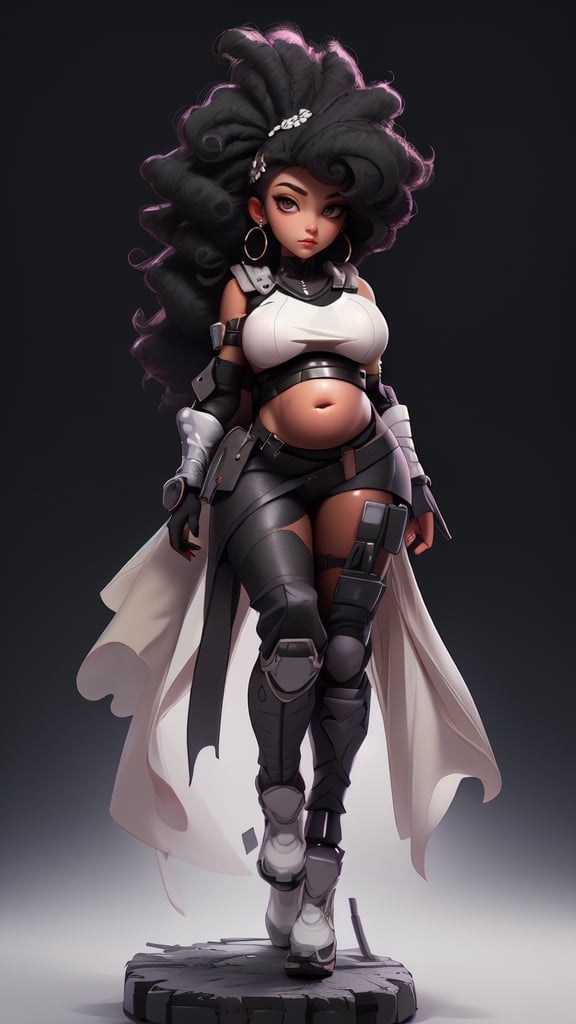 sexy, masterpiece, best quality, ultra-detailed, full body: 1.2, ((sexy black girl, showing belly, very big breasts, black skin, slim body)), crop sci-fi armor open in front (no clothes), full body dynamic action pose, slim body, clear smile, full body, multicolored, curly, frizzy, modern hair, modern accessories, pastel tone background, colorful and simple, 
two legs, post-apocalyptic fashion