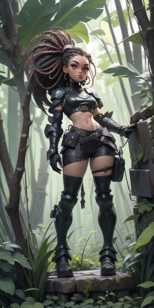 In this hauntingly cinematic and professionally composed photograph, ((black woman, cyber armor crop top)) stands amid the eerie tranquility of a cemetery set deep in the heart of an overgrown jungle. The image is surrounded by a dark and melancholic atmosphere, where darkness prevails, casting long shadows and adding an air of deep sadness. ((black woman, dressed in crop top and worn cyber armor)), occupies the foreground of the frame. His strong jawline and chiseled features are highlighted by the soft, diffuse moonlight that filters through the dense canopy above. disheveled hair, increasing the authenticity of the moment. The backdrop is a tapestry of darkness, with suggestions of mossy tombstones and gnarled trees barely visible in the periphery. Dense jungle foliage surrounds the cemetery, creating a cocoon of solitude where the ((black woman))'s emotions are laid bare. captures the raw intensity of ((black woman))'s emotions and adds a layer of intimacy to the narrative. He invites viewers to explore the depths of his soul as he grapples with the profound mysteries of life, death, and the haunting beauty of the jungle cemetery.