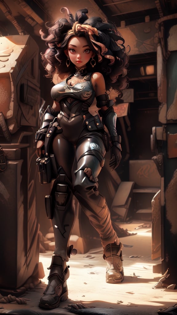 sexy, masterpiece, best quality, ultra-detailed, full body: 1.2, ((nsfw, sexy black girl, very big breasts, black skin, slim body)), crop sci-fi armor open in front (nude, no clothes), full body dynamic action pose, slim body, clear smile, full body, multicolored, curly, frizzy, modern hair, modern accessories, pastel tone background, colorful and simple, 
two legs, post-apocalyptic fashion,post-apocalyptic_play_zone,BDNC,Nature