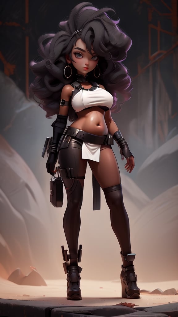 sexy, masterpiece, best quality, ultra-detailed, full body: 1.2, ((loli black sexy girl, showing belly, big boobs, crotch, black skin)), crop sci-fi suit open in front (no clothes), full body action pose, slender body, clear smile, full body, multicolored, curly, frizzy, modern hair, modern accessories, pastel tone background, colorful and simple, 
two legs, post-apocalyptic fashion