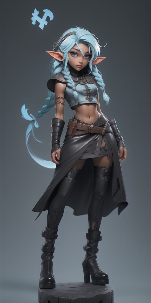 Avalon lins, hand-drawn, dark, gritty, realistic, mix of dark bold lines and loose lines, bold lines, on paper, twist character, ((sfw half-elf black-skinned female, full body, sfw crop top leather)), arcane symbols, runes, dark theme, ((light blue hair partially braided, black skin)), beautiful, pretty, padded leather clothing embroidered with runes, modest leather boots embroidered with runes, skirt with large opening frontal, beautiful black-skinned elf