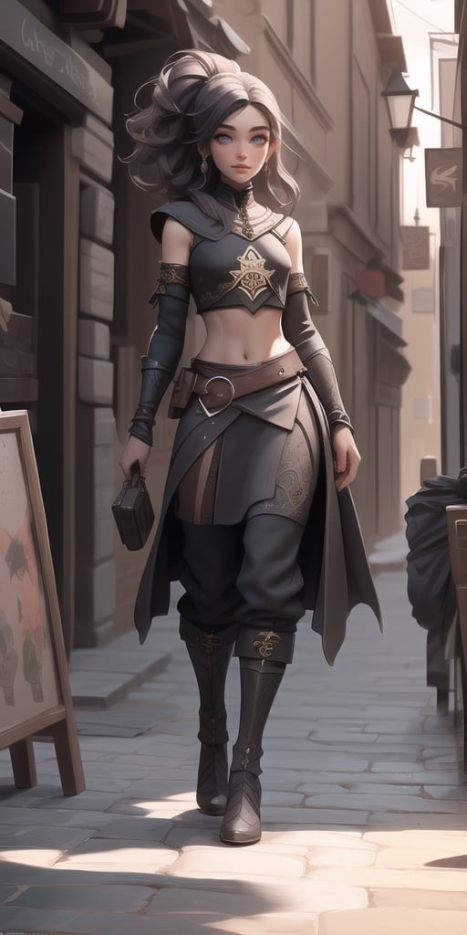 (born of the mist, magical energy), sorceress, (dark magic: 1.2), TES skyrim game mage, skyrim, ((crop top)), ue5, concept art, delicate face, cute eyes, shaggy and full hair, hair long and fluffy, full body, painting, absurd details, walking the streets of a medieval town, best quality, masterpiece, ultra detailed, beautiful and symmetrical face, symmetrical eyes, detailed hands, shapely hands, proportionate body, slender body, 8k, best quality, ultra detailed