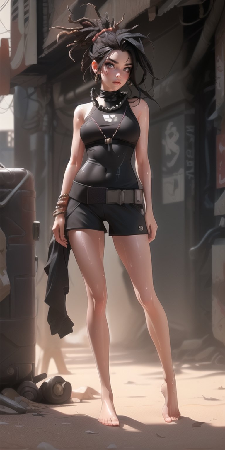 ((povd)), masterpiece, best quality, 1girl, female dreadlock, solo, cyberpunk, ((skinny body, barefoot, full body, sweaty body, beads of sweat on body, slim)) , cloud dust, hair showing, hair showing shows, barefoot, black hair, fine focus, high resolution, 8k, highly detailed, mysterious, post-apocalyptic fashion