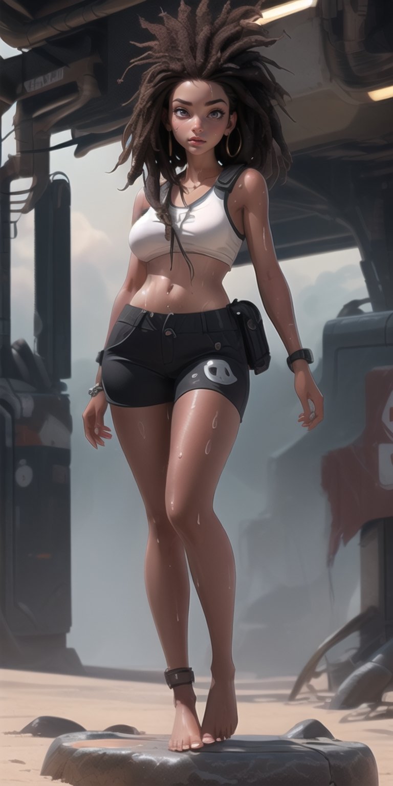 ((povd sfw)), masterpiece, best quality, 1girl, female dreadlock, solo, cyberpunk, ((skinny body, barefoot, full body, sweaty body, sweat beads on body, skinny, black skin, black girl) ), cloud dust, hair showing, hair show shows, barefoot, black hair, fine focus, high resolution, 8k, highly detailed, mysterious, post-apocalyptic fashion