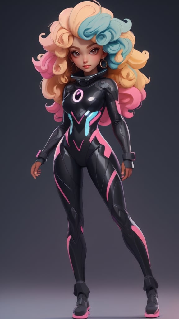 sfw, masterpiece, best quality, ultra-detailed, full body: 1.2, ((sfw loli black girl)), sfw sci-fi suit open in front, natural full body pose, clear smile, full body, multicolor hair , curled, curly, frizzy modern, Modern accessories, pastel tone background, colorful and simple