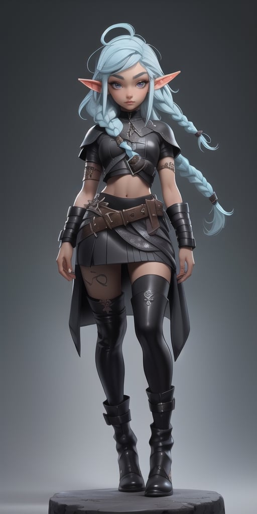 Avalon lins, hand-drawn, dark, gritty, realistic, mix of dark bold lines and loose lines, bold lines, on paper, twist character, ((sfw half-elf black-skinned female, full body, sfw crop top leather)), arcane symbols, runes, dark theme, ((light blue hair partially braided, black skin)), beautiful, pretty, padded leather clothing embroidered with runes, modest leather boots embroidered with runes, skirt with large opening frontal, beautiful black-skinned elf