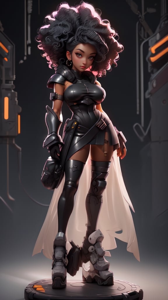 sexy, masterpiece, best quality, ultra-detailed, full body: 1.2, ((sexy black girl, very big breasts, black skin, slim body)), crop sci-fi armor open in front (no clothes), full body dynamic action pose, slim body, clear smile, full body, multicolored, curly, frizzy, modern hair, modern accessories, pastel tone background, colorful and simple, 
two legs, post-apocalyptic fashion