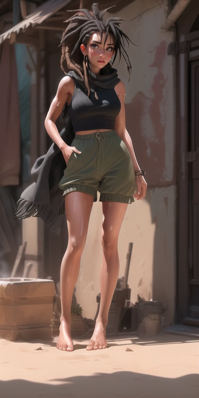 masterpiece, best quality, 1girl, female dreadlock, solo, beautiful african soldier,povd, ((slim body, barefoot, full body, sweaty body, drops of sweat on body, slim) ) , cloud dust, hair showing , hair showing, barefoot, black hair, fine focus, high resolution, 8k, highly detailed, mysterious, post-apocalyptic fashion