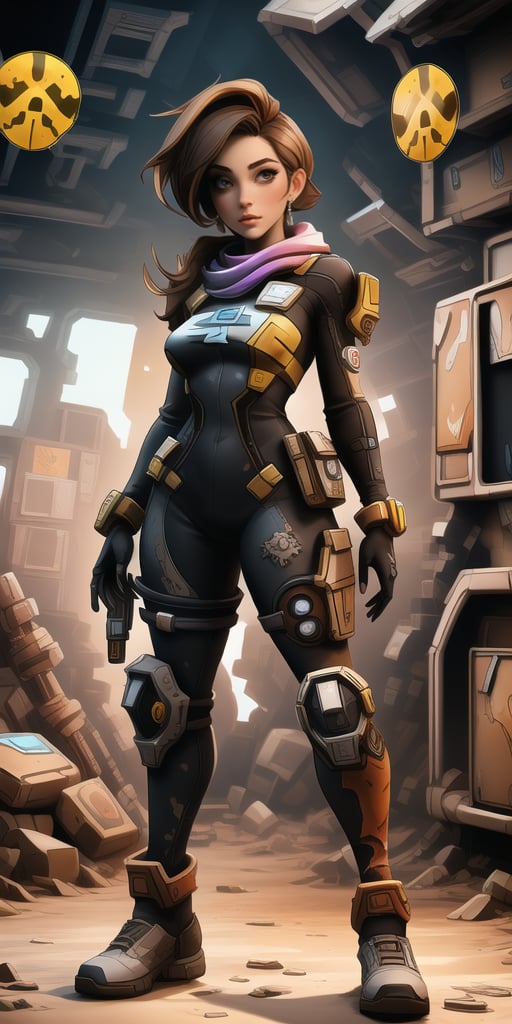 ((line art, watercolor borderlands game style, dark tones, borderlands game)), combat pose, a beautiful woman with braided hair, in a post-apocalyptic landscape of the borderlands game universe, torn clothing, borderlands style clothing game, natural action pose, elongated body, full body, slender body, black skin, beautiful african, face with delicate features, beautiful face, detailed hands, well-designed hands, five fingers on hands, proportionate body, slim body, slim body Waisted, Detailed, Masterpiece, High Quality, 8k