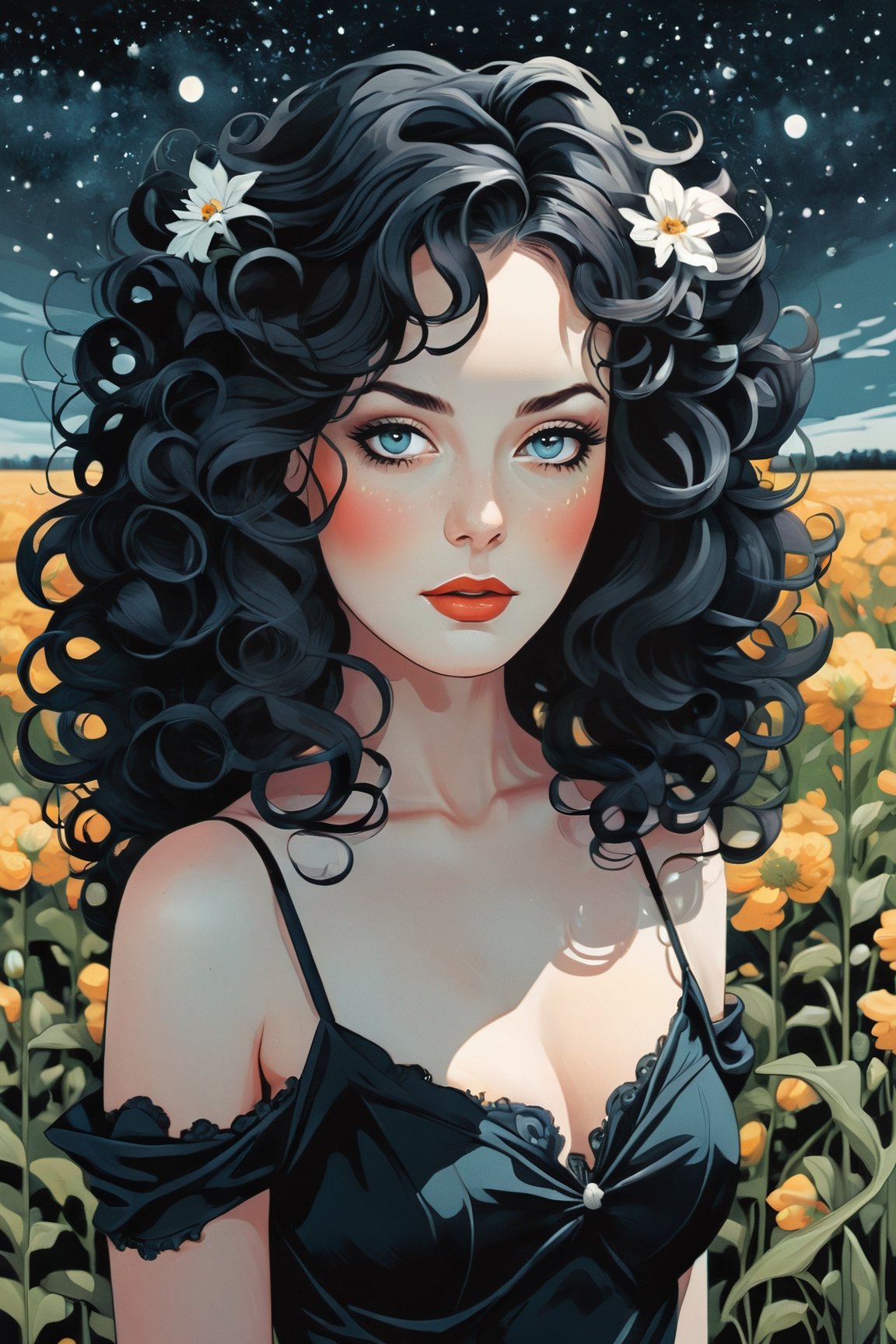 Josh Agle Style, Sarah Morris Style, Ralph Bakshi Style, milo manara Style, a beautiful woman in a field of flowers, haunting eyes, crazy curls, surreal dark art, trending on artstation, interconnected human lifeforms, seafloor, artist unknown, fate unknown, black oled background, bloom, cold stars, flower face, aesthetic ”, eve, contaminated (unsettling Sense of malevolence) fear of the unknown  Existential cosmic horror leica