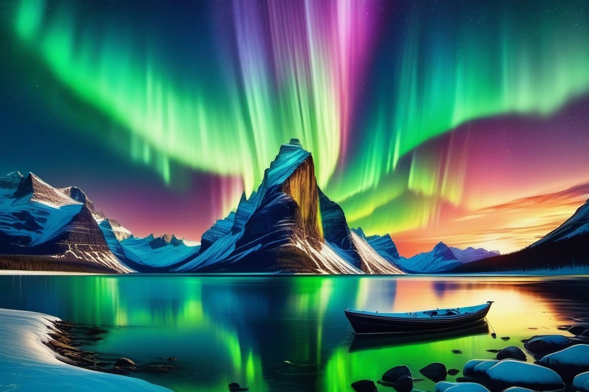 A digital painting that brings to life the enchanting spectacle of the Northern Lights, with their vibrant hues swirling and cascading like a celestial waterfall. The stars above twinkle in approval, creating a scene straight out of a dream.