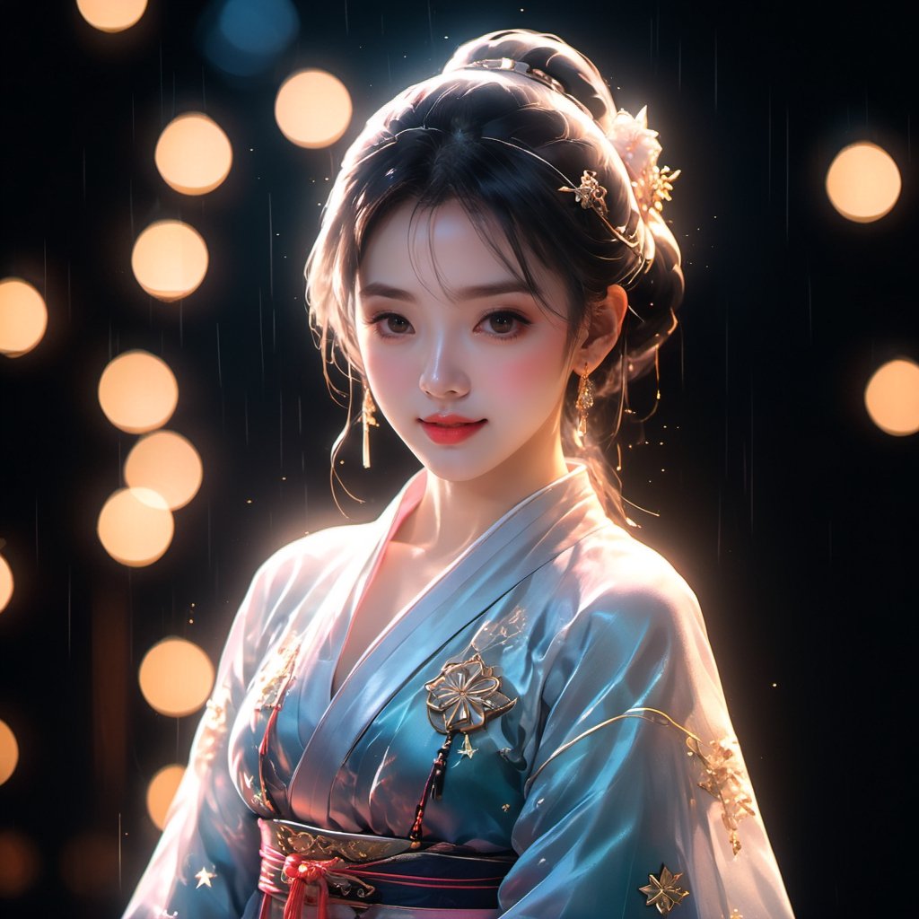 best quality, masterpiece, highres, wuxia 1girl,blush,(seductive smile:0.8),star-shaped pupils,china hanfu,hair ornament,necklace, jewelry,Beautiful face,upon_body, tyndall effect,photorealistic, dark studio, rim lighting, two tone lighting,(high detailed skin:1.2), 8k uhd, dslr, soft lighting, high quality, volumetric lighting, candid, Photograph, high resolution, 4k, 8k, Bokeh