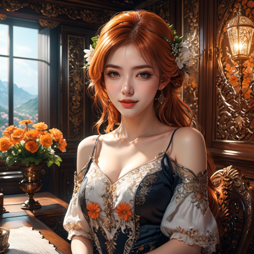 (masterpiece:1.4), (best quality:1.4), fantasy, extremely detailed, intricate, hyper-detailed, illustration, soft lighting, 1girl, Orange hair_flower, dress, bend_over, grin, (perfect_face), sitting, desk, ornate, intricate, dramatic lighting, 4k, detailed_background, caustics, full_body, 