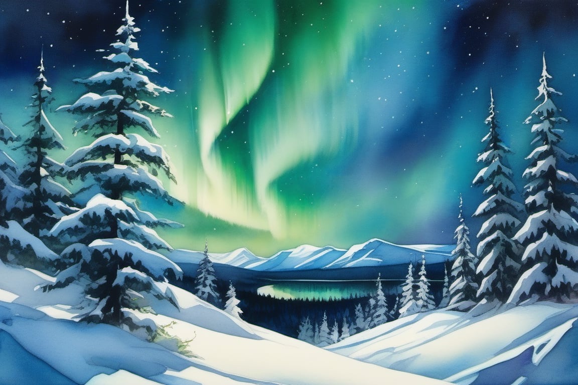 A watercolor illustration of a winter night, where the Northern Lights paint the sky with their iridescent hues, creating a sense of wonder and enchantment. The snow-covered trees below stand in silent reverence to this celestial dance.