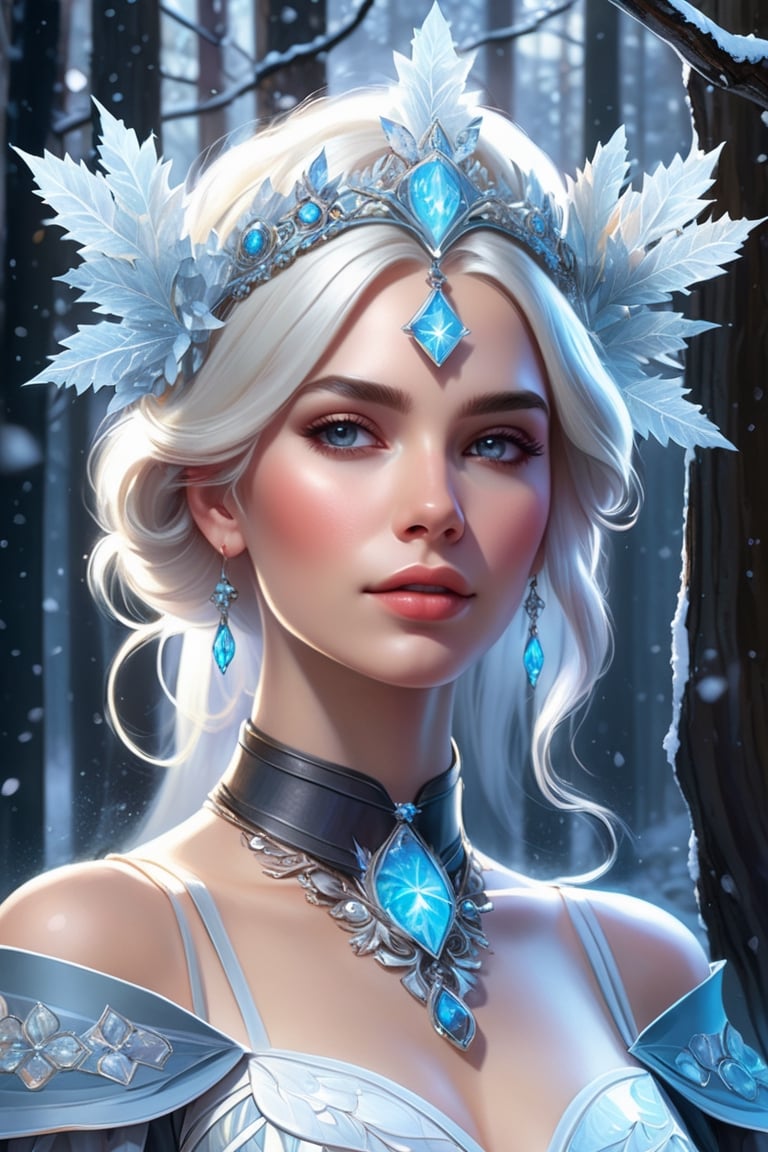 Woman with platinum hair, in a dress of ice flowers, a beautiful crown on her head, detailed face, detailed skin, front, background frozen forest, cover, unzoom, choker, hyperdetailed painting, luminism, Bar lighting, complex, 4k resolution concept art portrait by Greg Rutkowski, Artgerm, WLOP, Alphonse Mucha, little fusion pojatti realistic goth, fractal isometrics details bioluminescens : a stunning realistic photograph 30 years