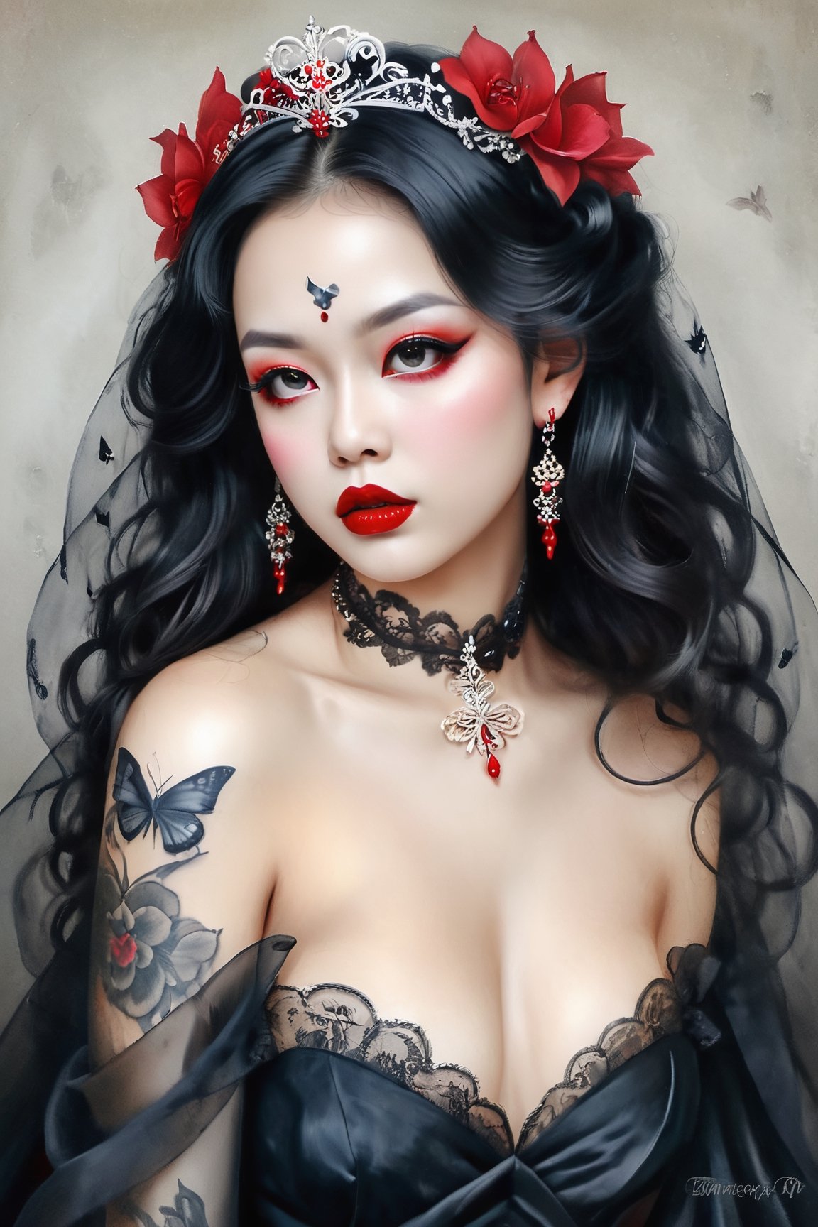 (traditional painting), (drawing), (illustration), (pencil style),
collarbone, red lips, strapless, lace, bug, butterfly, tattoo, black hair, choker, wavy hair, watermark, realistic, lips, silk, veil, tiara, tombstone, bat (animal), hair ornament, blood on face, bare shoulders, closed eyes, long hair
 