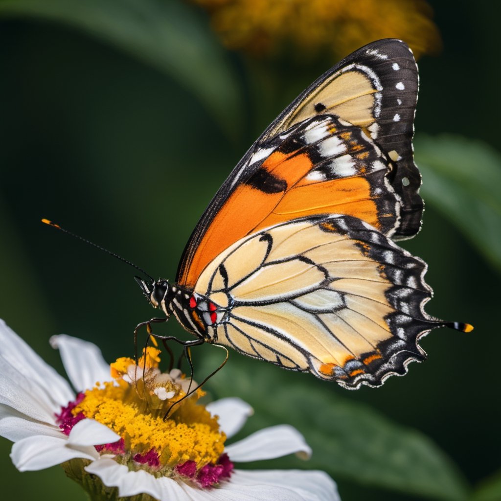 Offer a close-up view of a butterfly's proboscis delicately sipping nectar from a flower. Highlight the fine hairs on its body and the exquisite interplay of colors between the insect and the bloom in a super macro shot that captures a moment of natural grace.