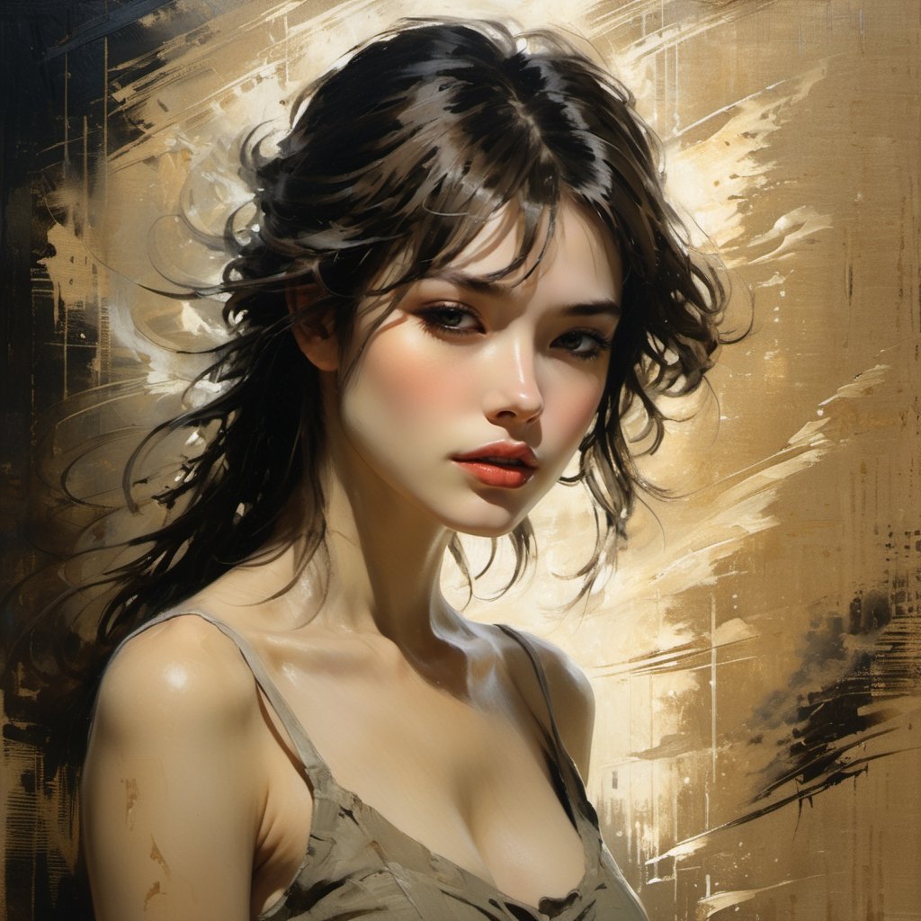 background - rough burlap, relief, oil painting, thin smooth lines, long strokes, light delicate shades, clear contours. + 36.5mm f0 cinematic quality, + style by Jeremy Mann, Peter Elson, Alex Maleev, Ryohei Hase, Raphael Sanzio, Pino Daeni, Charlie Bowater, Albert Joseph Penaud, Ray Caesar, HR Giger, Gustave Dore, Stephen Gammell, masterpiece, perfect anatomy, beautiful face, artistic portrait, multi-layered sheets, techniques used: sfumato, chiaroscuro, atmospheric perspective, acrylic painting, trends on pixiv fanbox, palette knife and brush strokes, makoto shinkai style Jamie Wyeth James Gillard Edward Hopper Greg Rutkowski studio Ghibli genshin Impact, painting