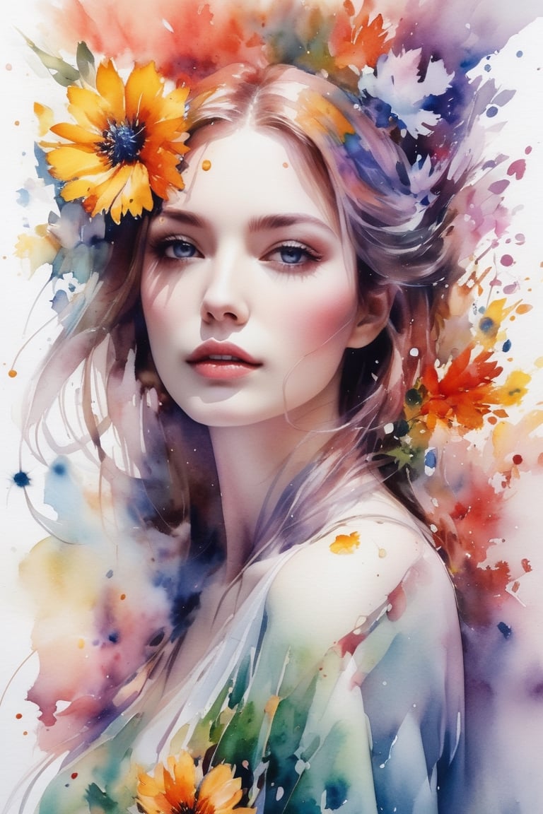 high quality, 8K Ultra HD, high detailed, Watercolor, wash technique, colorful, A painting with dripping and scattered paint, Painting like Agnes Cecile, blurry, pale touch, smudged outline, like a fairy tale, Beautiful woman made with flower colorage, expressing women using flowers and plants, cutting and combining petals and leaves, drawing women's hair and dresses using the colors and shapes of flowers, vivid colors and nature, luminism, three dimensional effect, enhanced beauty, Albert Anker, Feeling like John Howe, Greg Rutkowski, Feeling like Kyoto Animation, Artgerm, WLOP, Alphonse Beeple, luminism, Isometric, awesome full color,