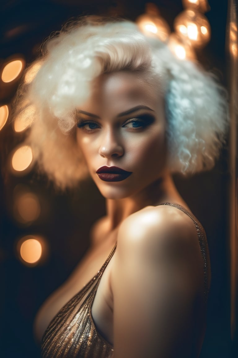 foggy nostalgic vibrant capture reminiscent of the 1920s Art Deco movement, walking busty sexy woman colorized portrait of a captivating afro albino passionate wet skin. Shot originally on old Polaroid film in hot old foggy room, still life, Sander's, bokeh effects, sparky lights